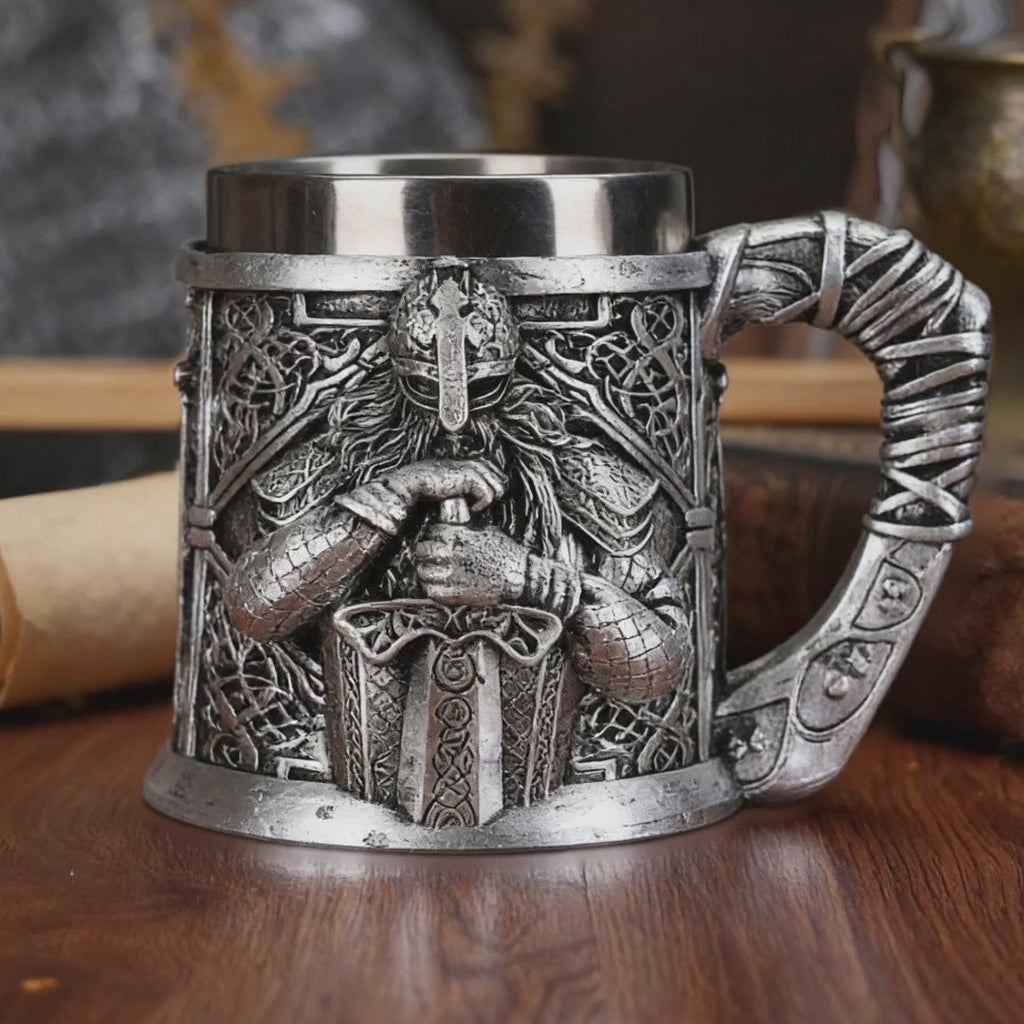 Vintage Viking Warrior 3D Relief Resin Beer Mug with Stainless Steel Inner Liner Retro Drinking Cup Holiday Gift
