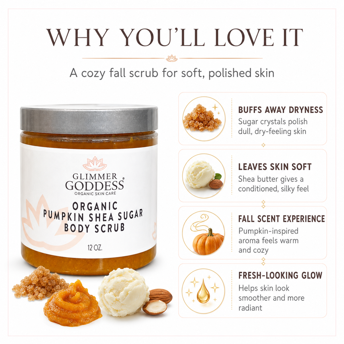 Organic Pumpkin Shea Sugar Body Scrub – Fall Scented Exfoliator DC-Glimmer Goddess®