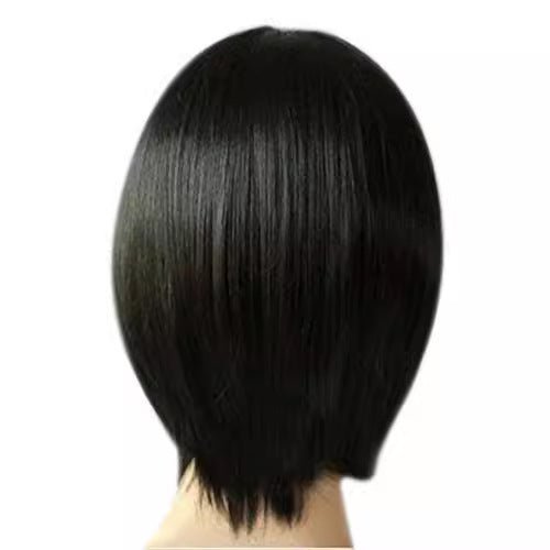 Short Straight Bobo Wig with Oblique Bangs Fluffy Synthetic Full Headgear Hair teemdrop