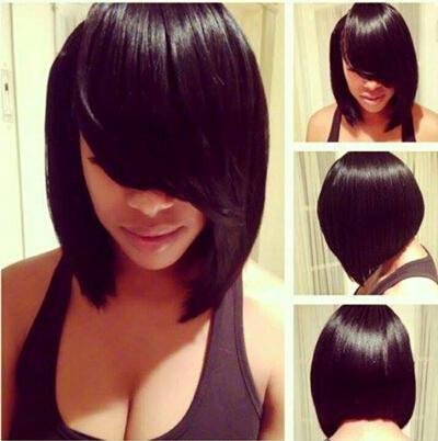 Short Straight Bobo Wig with Oblique Bangs Fluffy Synthetic Full Headgear Hair teemdrop