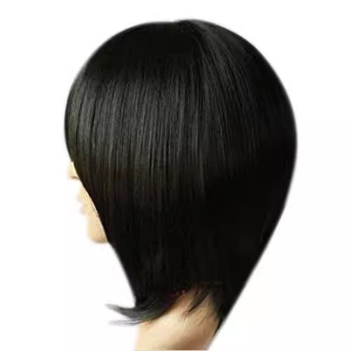 Short Straight Bobo Wig with Oblique Bangs Fluffy Synthetic Full Headgear Hair teemdrop