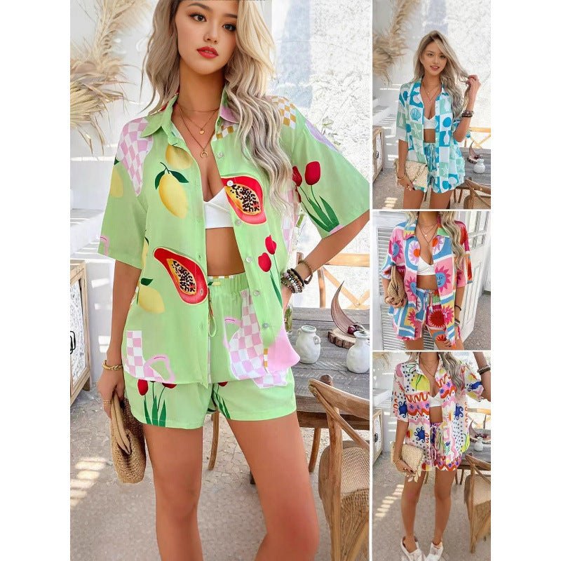 Womens 3D Printed Casual Short Sleeve Shirt Shorts Summer Beachwear Set teemdrop