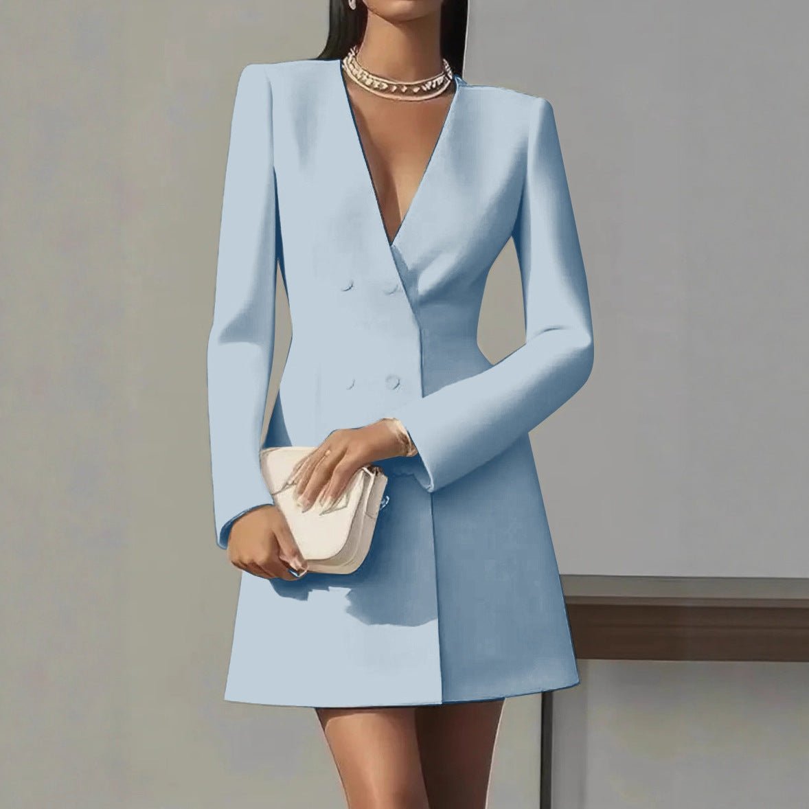 Women's Long-Sleeve Double-Breasted V-Neck Polyester Dress teemdrop