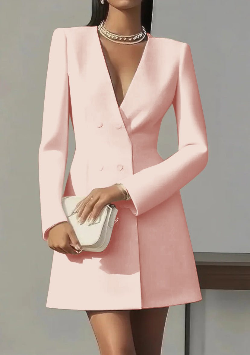 Women's Long-Sleeve Double-Breasted V-Neck Polyester Dress teemdrop